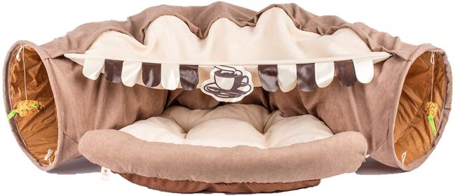 Cat Tunnel Toy Bed with Cushion Mat with Pop up Collapsible 2 Way Tube and Scratching Ball Interactive Toy Peak Hole Hideout House for Cat Puppy Kitte (Color: coffee)